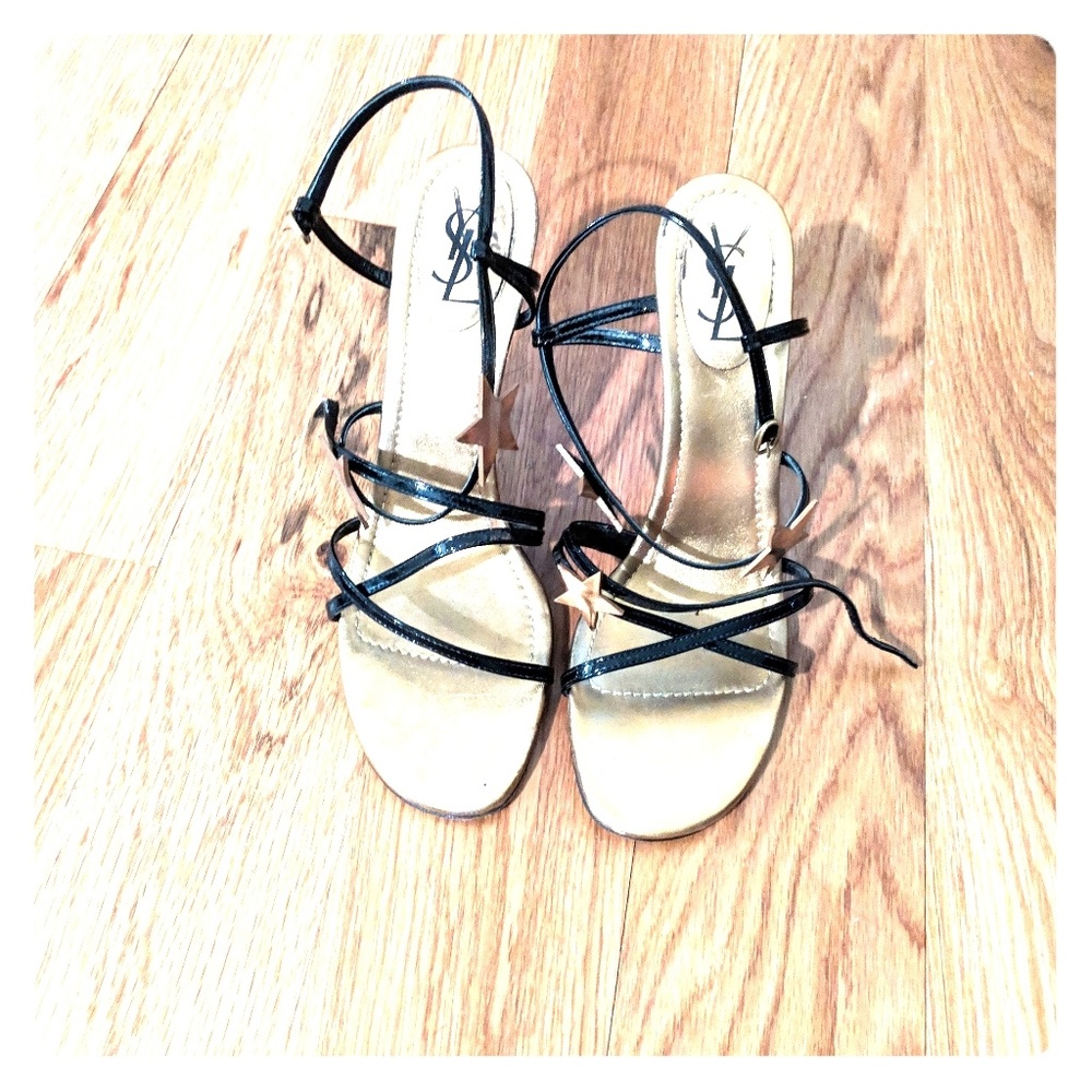 YSL Strappy Black and Gold Sandals with Stars
